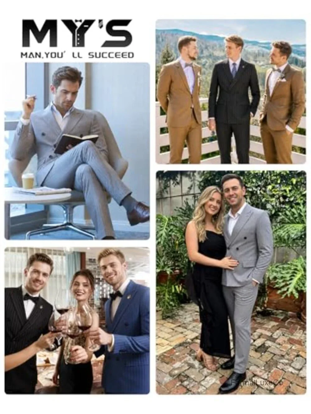 Men's Double-Breasted Stripe Slim Fit Tuxedo Suit 2 Piece Set with Tie Wedding